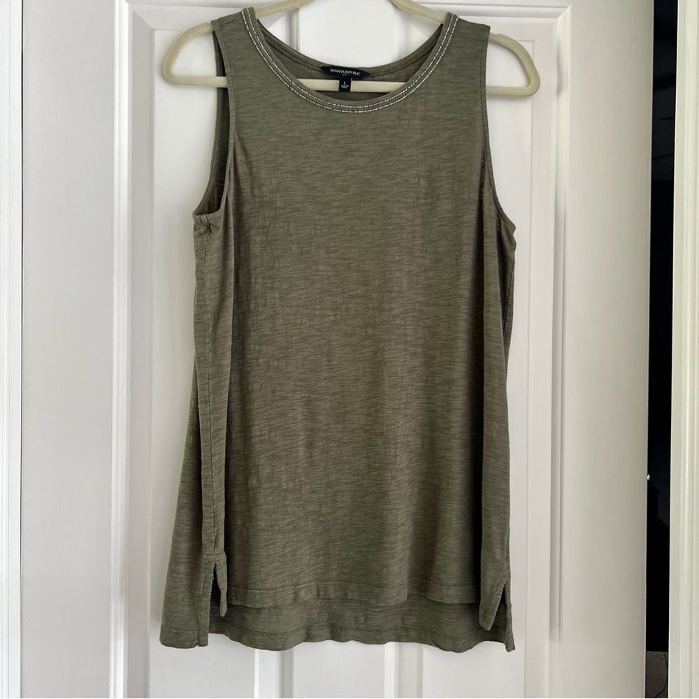 BANANA REPUBLIC Womens High Low Beaded Collar Tank Top Green Size Large